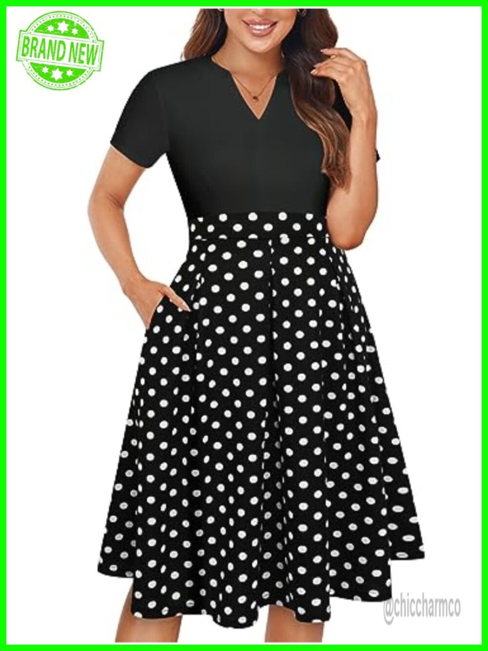Womens Notched V Neck A-Line Swing Dress with Pockets Knee Length Casual